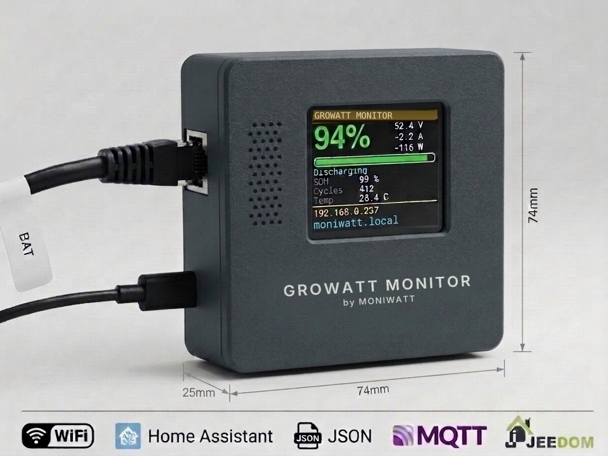 Growatt Monitor box with colour screen showing live data from a Growatt hybrid inverter